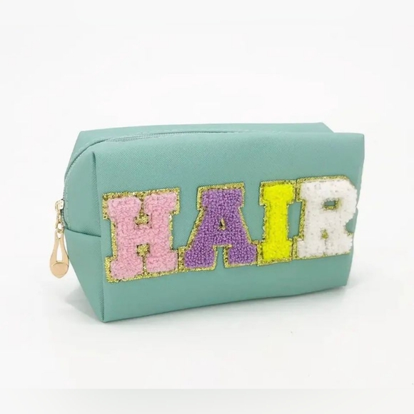 Fashionista Fix Boutique Handbags - "HAIR" Cosmetic Makeup Bag, Patch Chenille Letter. Multi-colored.